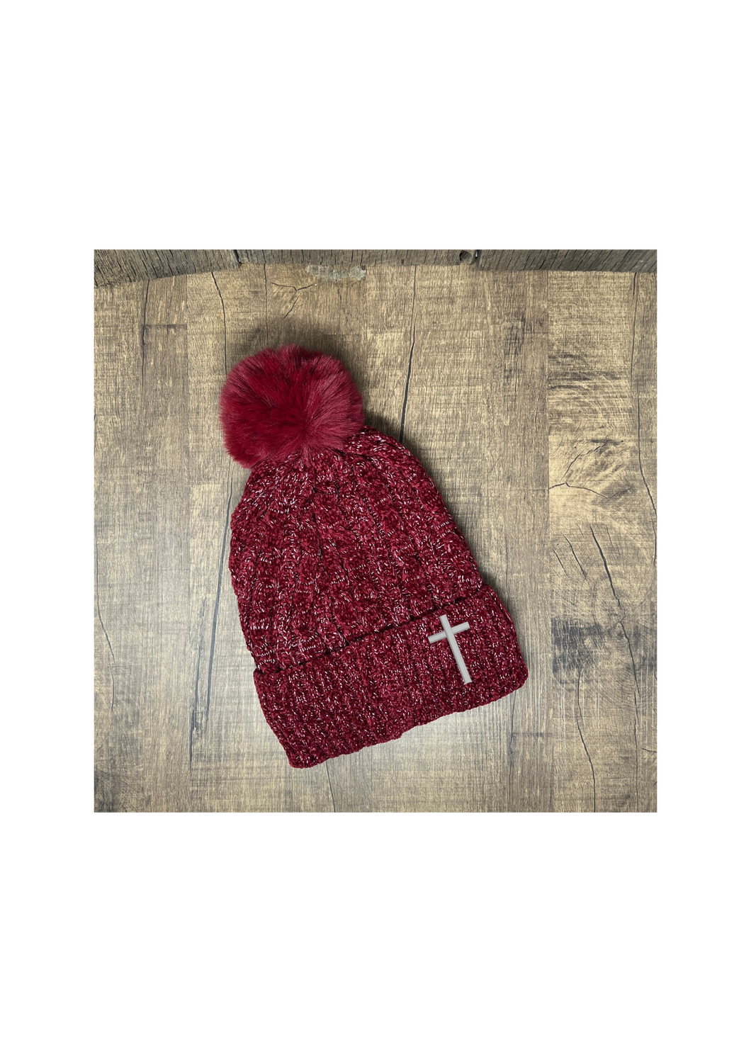 Toboggan - Cranberry with embroidered cross, single puff ball