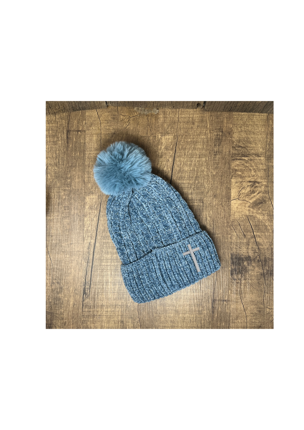 Toboggan - Blue Gray with embroidered cross, single puff ball