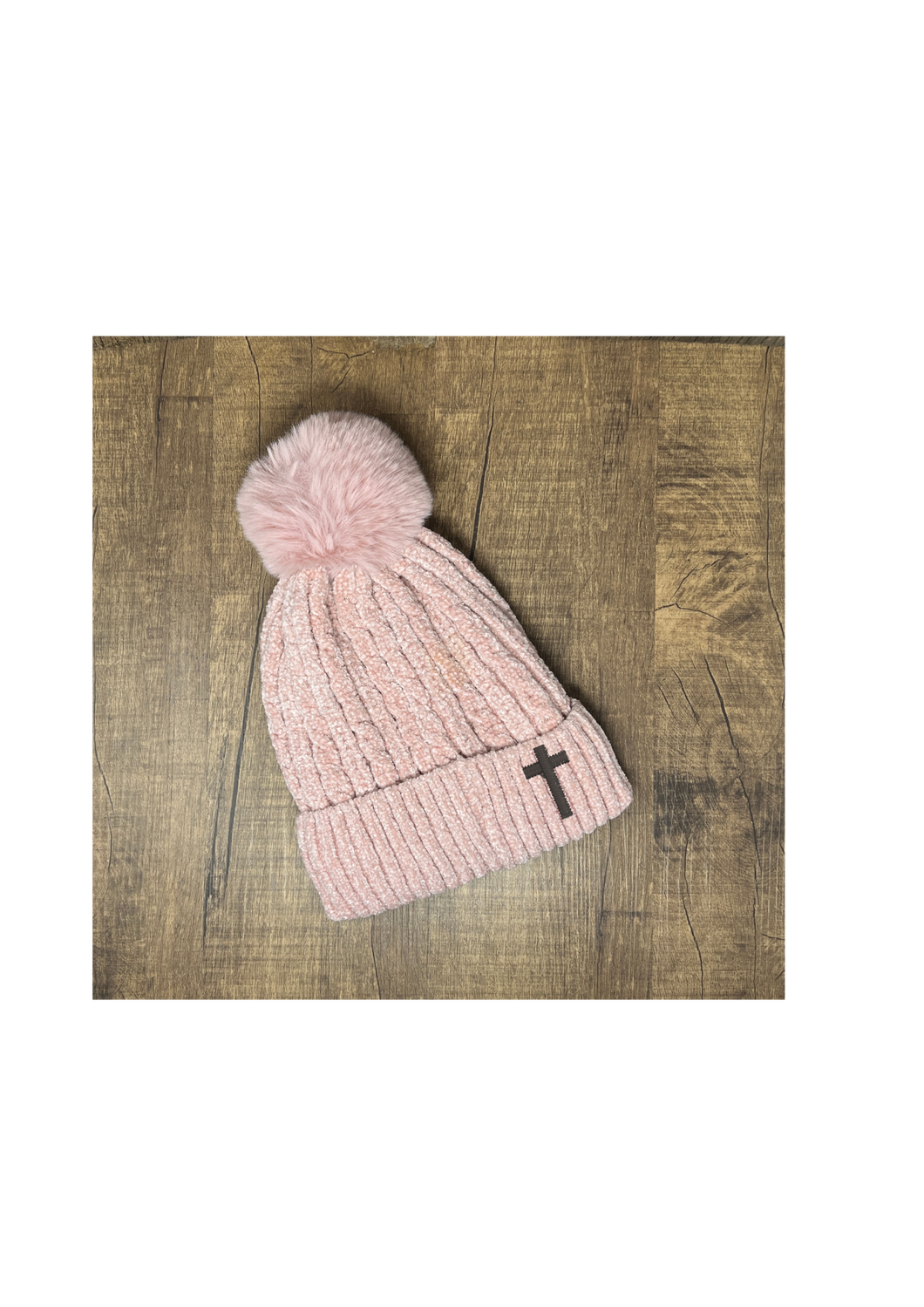Toboggan - Pink with embroidered cross, single puff ball