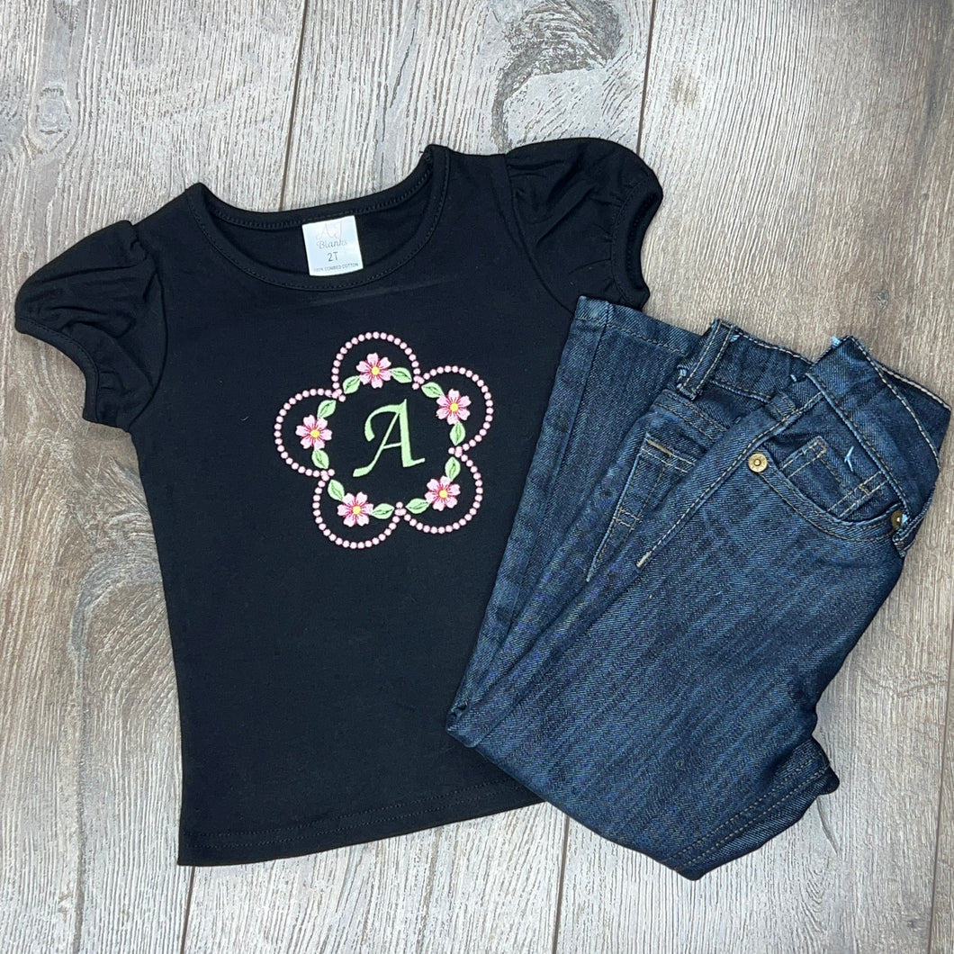 Childrens T-shirt, Girls T-shirt Floral scallop Monogram Black
