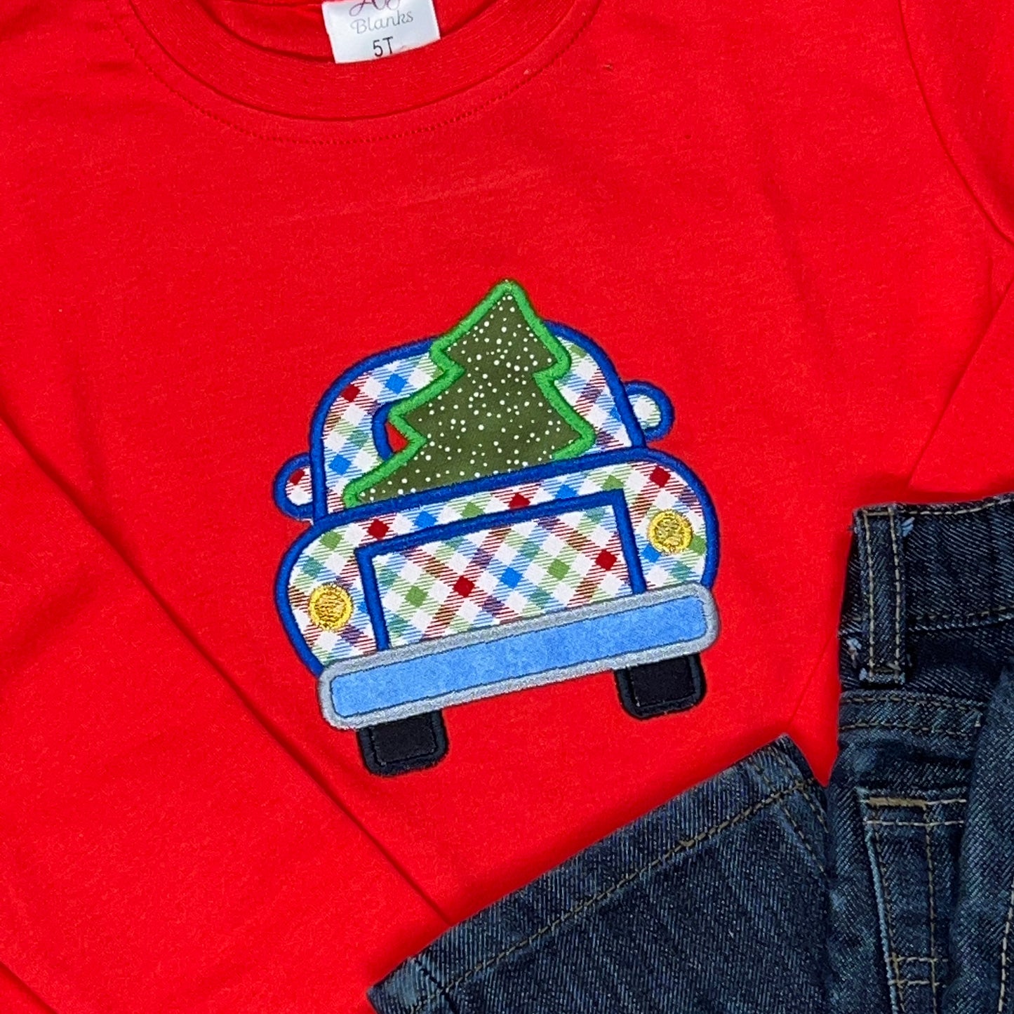 Childrens T-shirt, Appliqué Christmas Farm Truck, Red