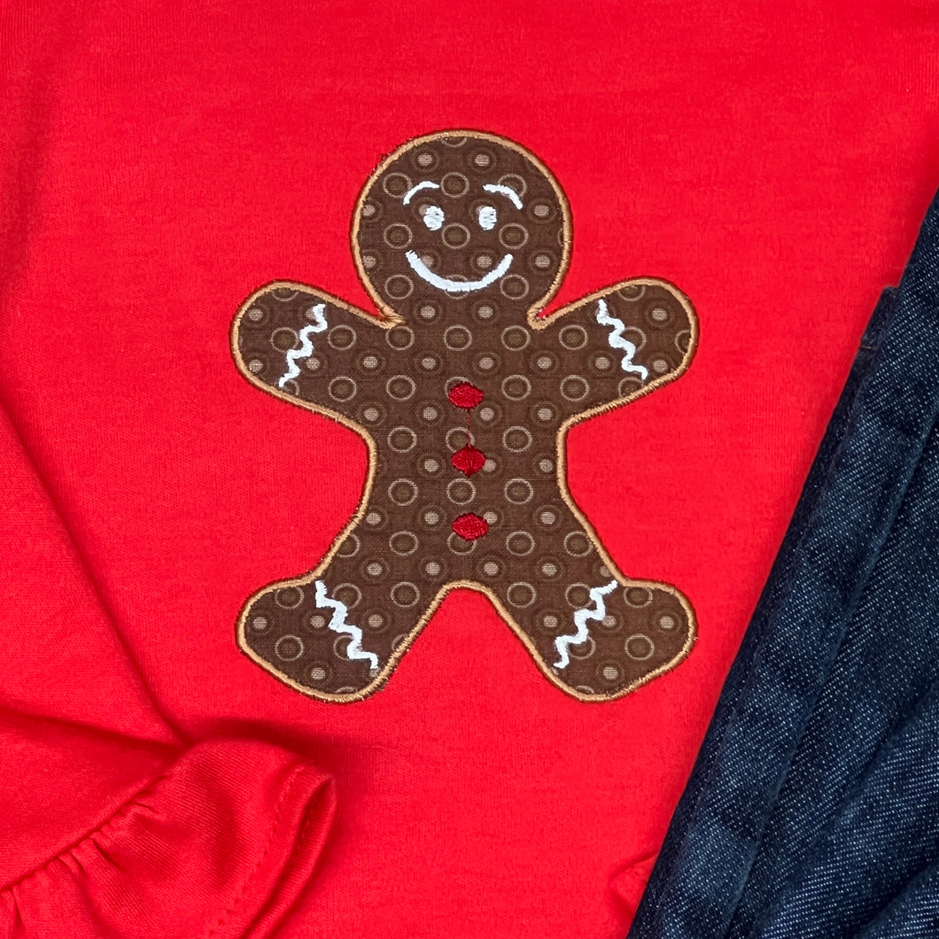 Childrens T-shirt, Gingerbread Man, Red Long Sleeve