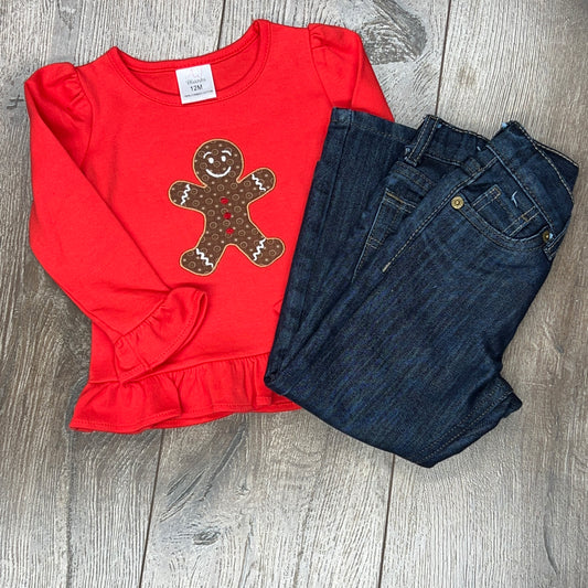 Childrens T-shirt, Gingerbread Man, Red Long Sleeve